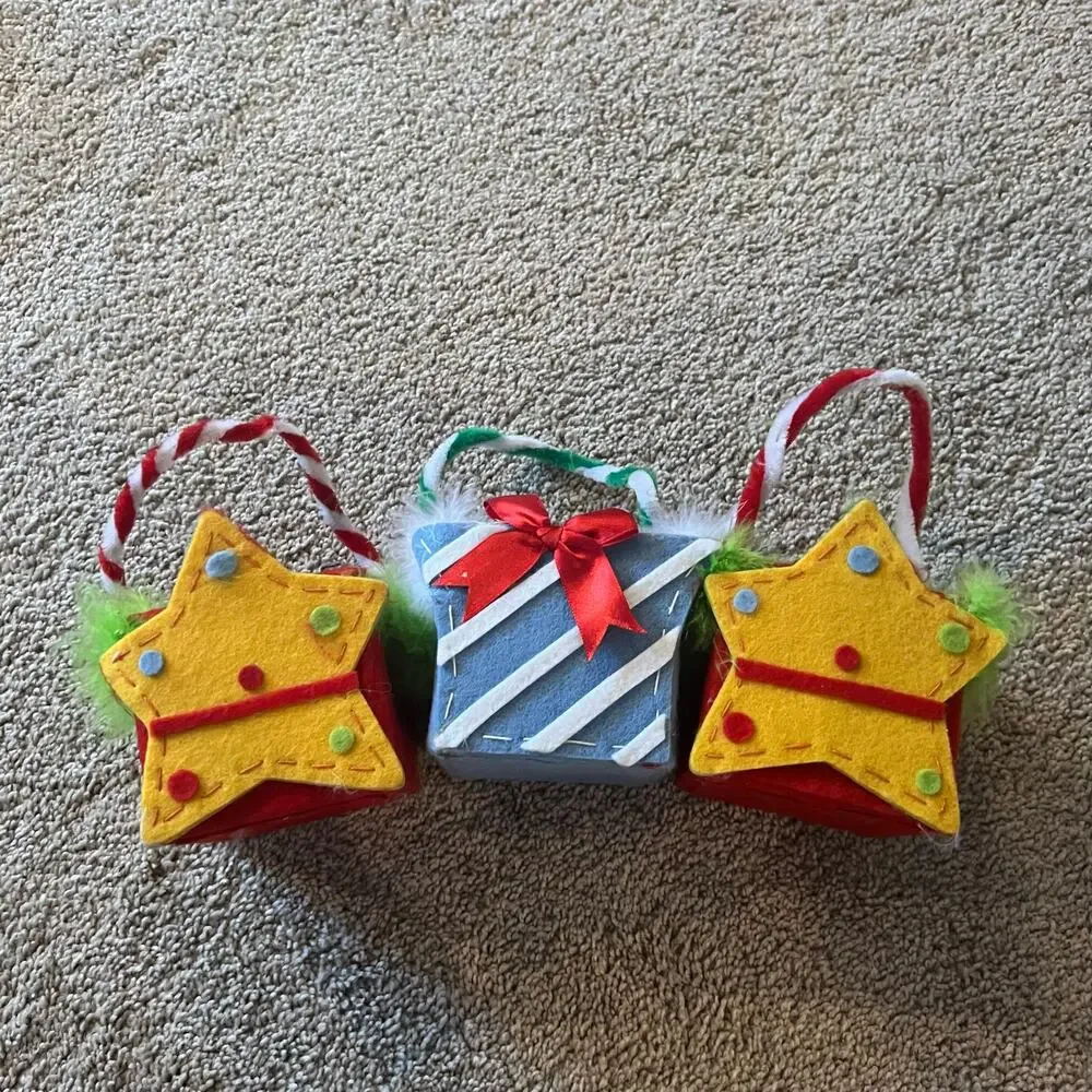 LOT of 3 Small Christmas Boxes w/ Handles Stars & Bows